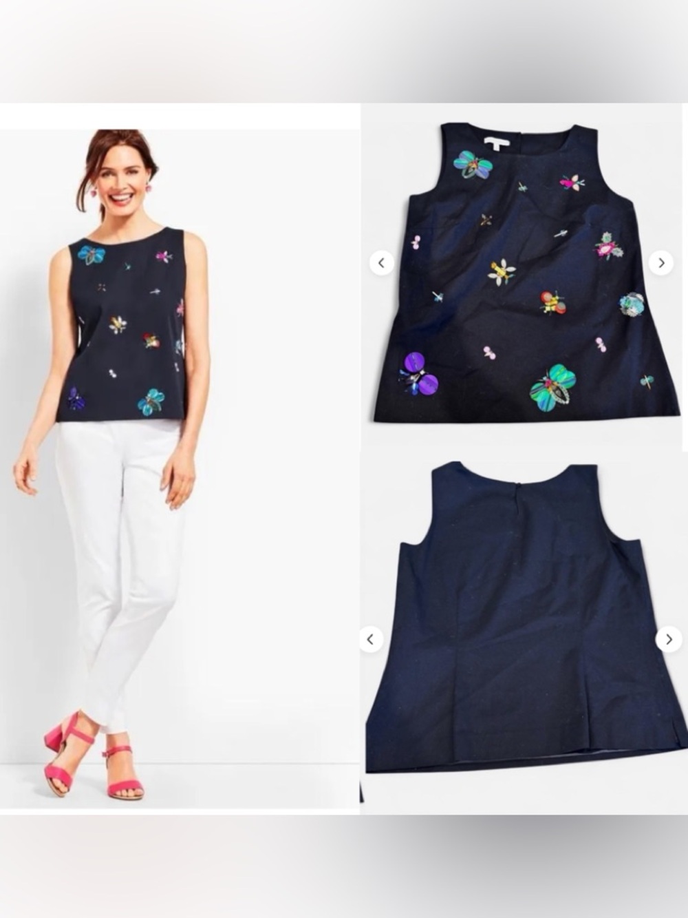 RSVP by Talbots Faille Insect Embellished Navy Tank Top Beaded Sequin, Size14